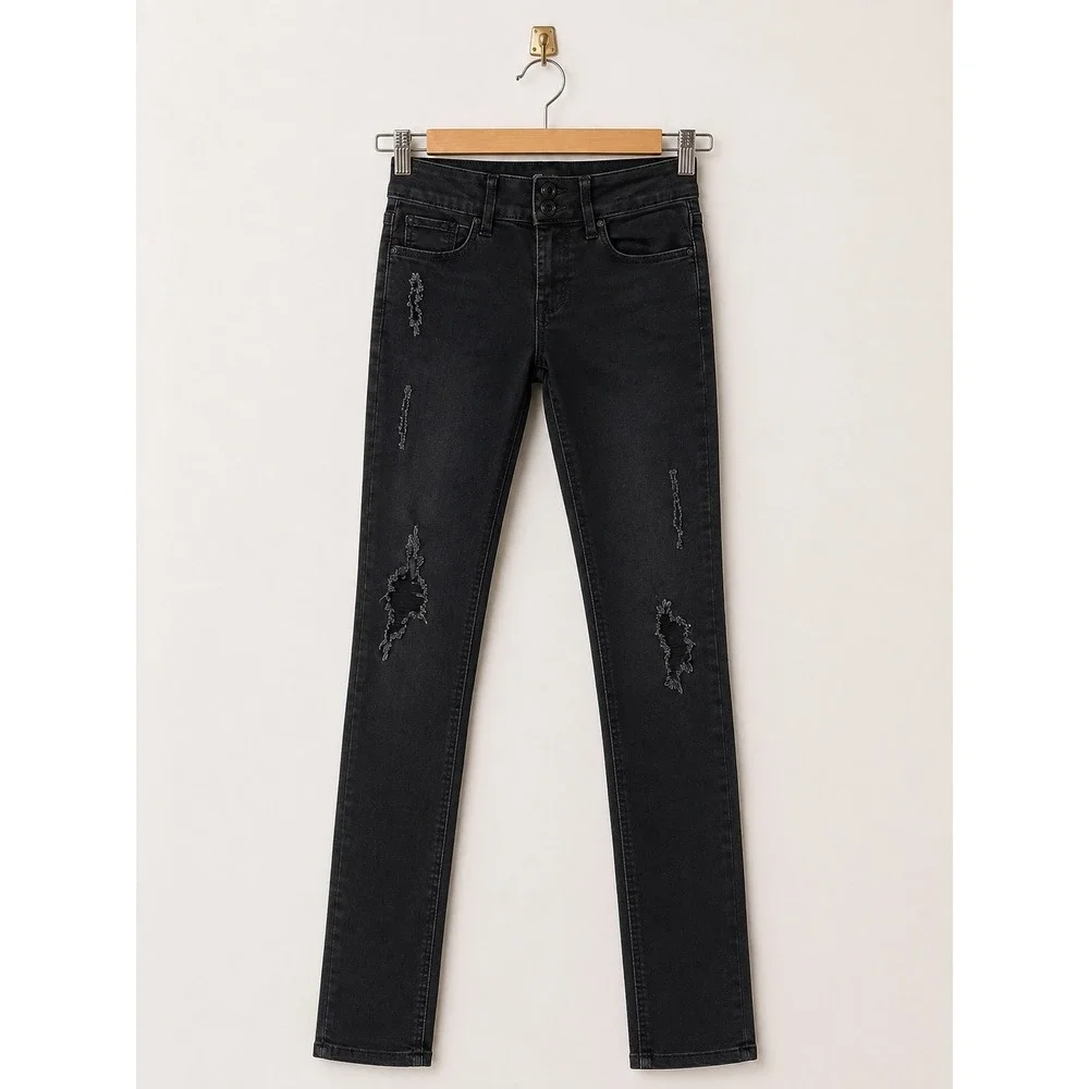 SO Girls Black Distressed Skinny Jeans Double Button Stretch Denim Size 8